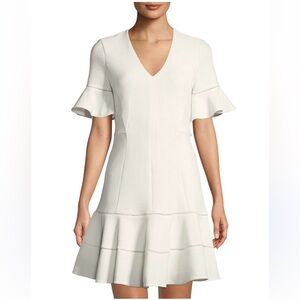 Rebecca Taylor White V-Neck Flounce Mini Dress Size 4 Fit & Flare Stretch Knit